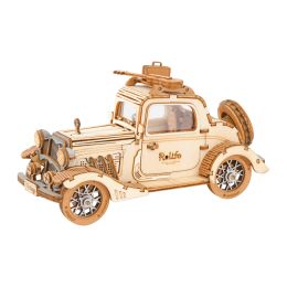 Robotime 3 Kinds DIY 3D Transportation Wooden Model Building Kits Vintage Car Tramcar Carriage Toy Gift for Children Adult (sku: TG504 Vintage Car)