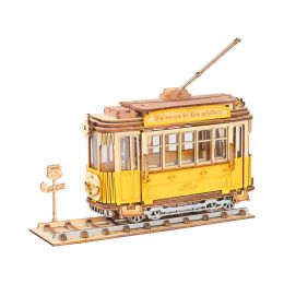 Robotime 3 Kinds DIY 3D Transportation Wooden Model Building Kits Vintage Car Tramcar Carriage Toy Gift for Children Adult (sku: TG505 Tramcar)